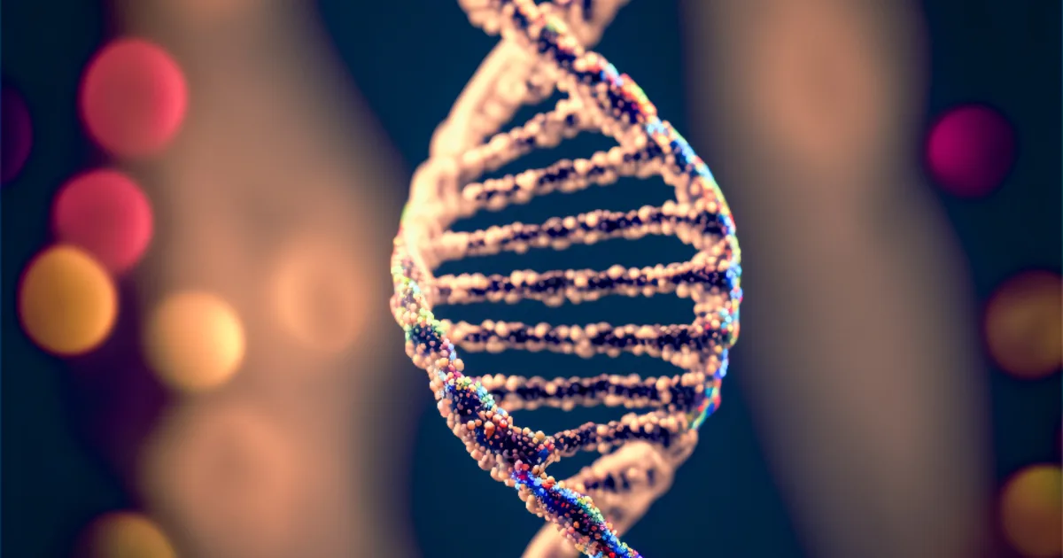 A rendered DNA double helix, representing the folded, three-dimensional structure of the genome.